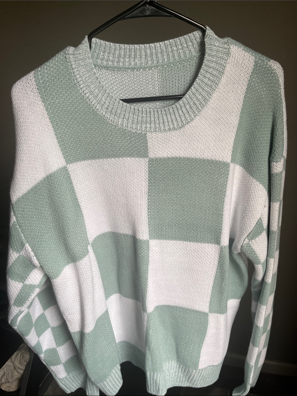 Checkerboard Crewneck Sweater - Blue/Green & White
